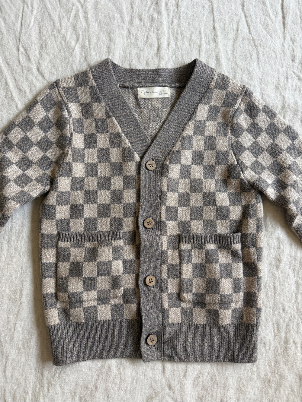 Rylee + Cru Checked Gray/Cream V-Neck Button Cardigan Sweater